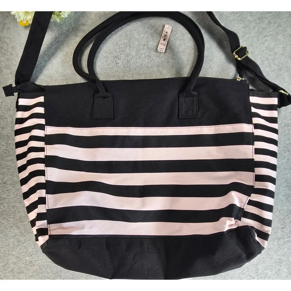 Victoria Secret Tote Bag Womens Pink Black Striped Weekender Large NWOT